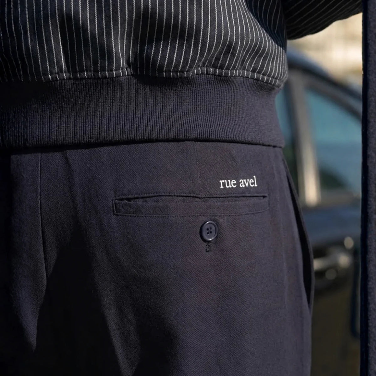 Rue Avel Heavy Relaxed Suit Pants — Navy, pocket detail