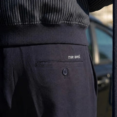 Rue Avel Heavy Relaxed Suit Pants — Navy, pocket detail