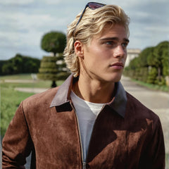 Rue Avel Suede Leather Jacket — Brown, collar model view