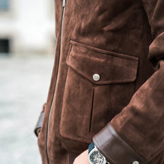 Rue Avel Suede Leather Jacket — Brown, pocket detail