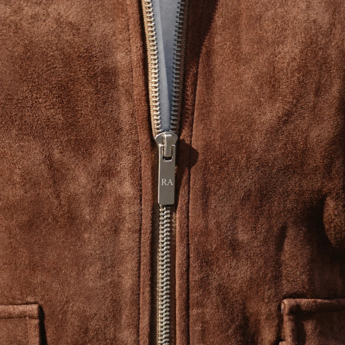 Rue Avel Suede Leather Jacket — Brown, zip detail